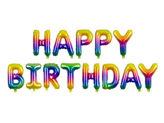 Regnbuefarvede Happy Birthday Folieballoner til Festen