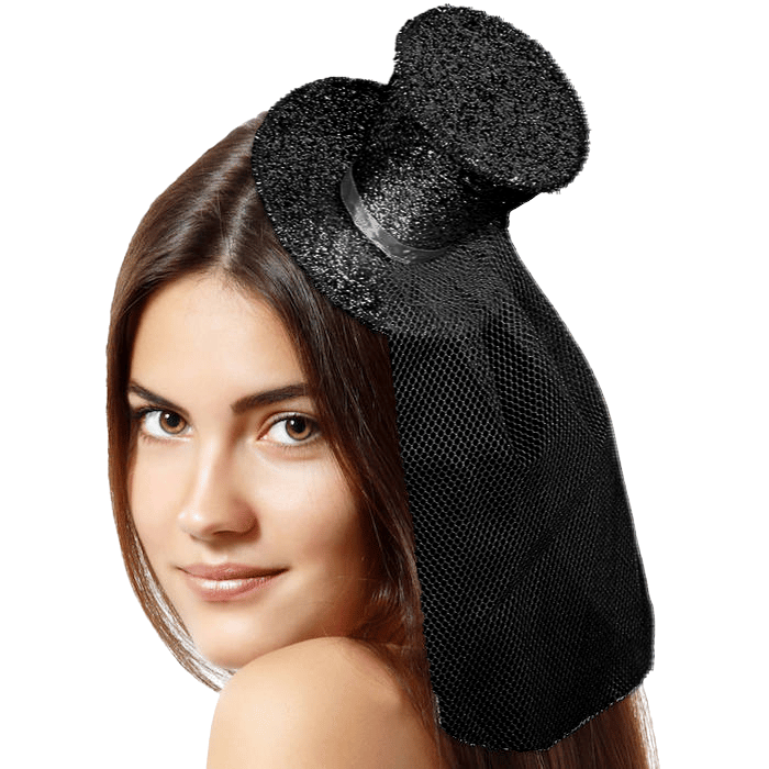 Sort Mini Glitter Hatte med Slør til Fest