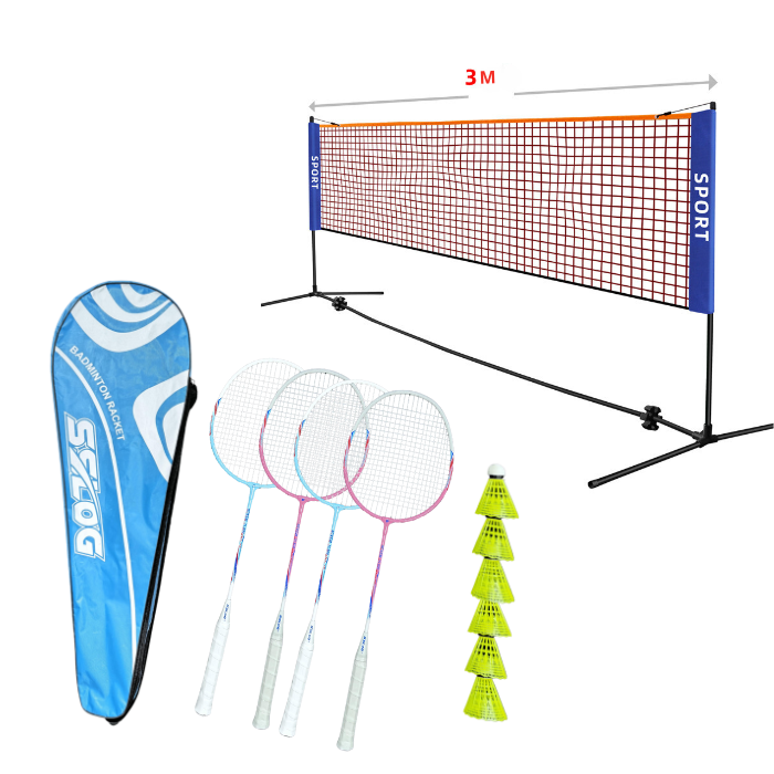Badmintonsæt med net, ketchere og bolde på tilbud!