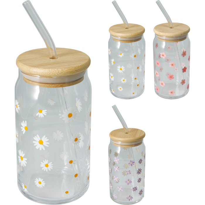 Drikkeglas Med Bambuslåg   Sugerør 500ml Ass