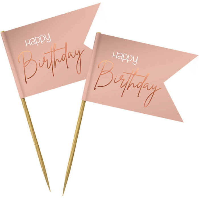 Rosa Happy Birthday Træpinde - 36 stk. til Festen