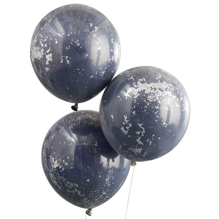 Mørkeblå Balloner med Sølv Konfetti - 3 stk. 45 cm