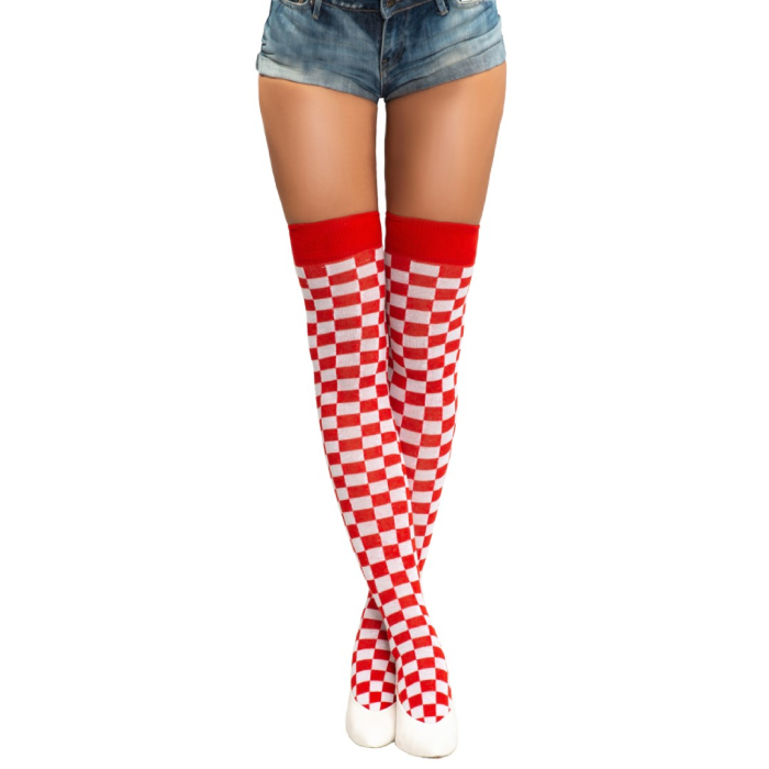 Over-knee Strømper i Ternet Rød og Hvid - Festlig Stil!