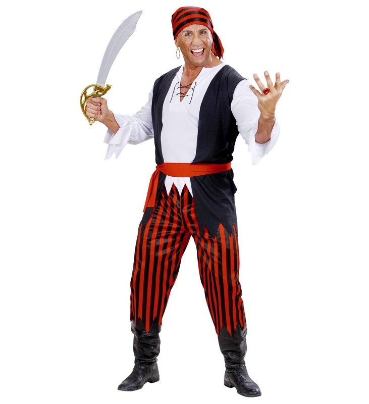 Piratkostume til mænd i rød og sort strib - Fantastisk tilbud!