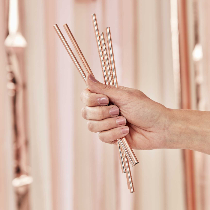Stålsugerør i Rose Gold med Børste - Udsalg!