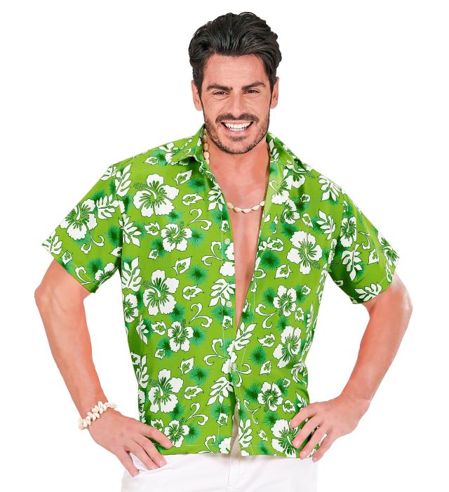 Grøn Hawaii Skjorte med Hvide Blomster på Tilbud