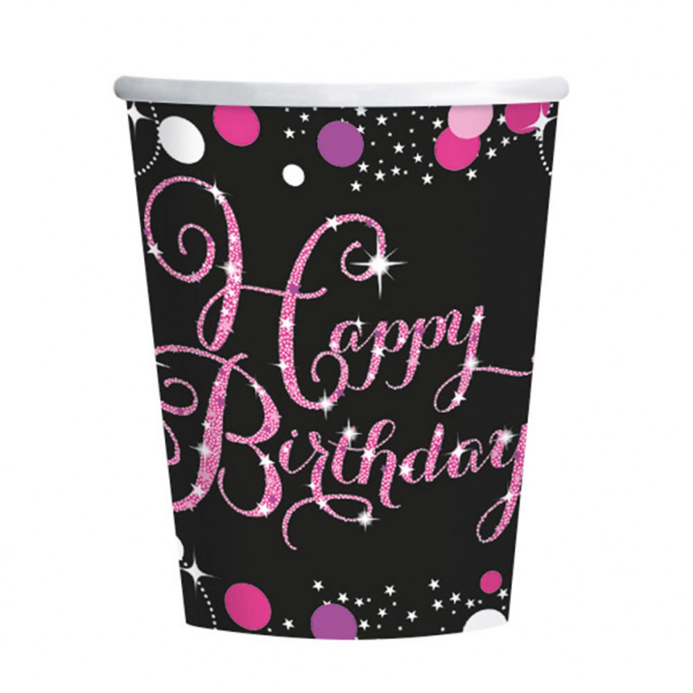 Lyserøde Happy Birthday Papkrus – 8 stk. til festlige fester