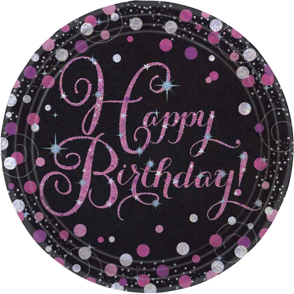 Lyserøde Happy Birthday Paptallerkner - 8 stk. til fest