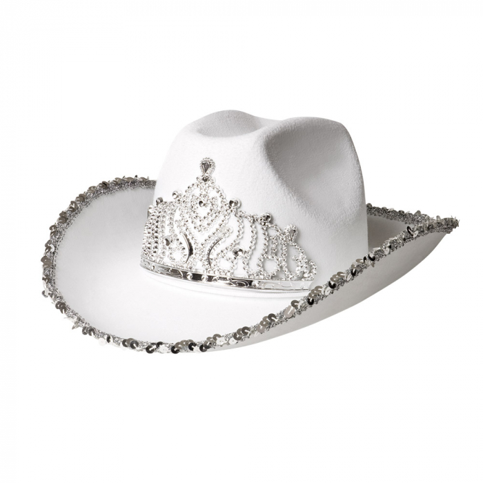 Hvid Glimmer-Cowboyhat med Glitrende Tiara på Udsalg