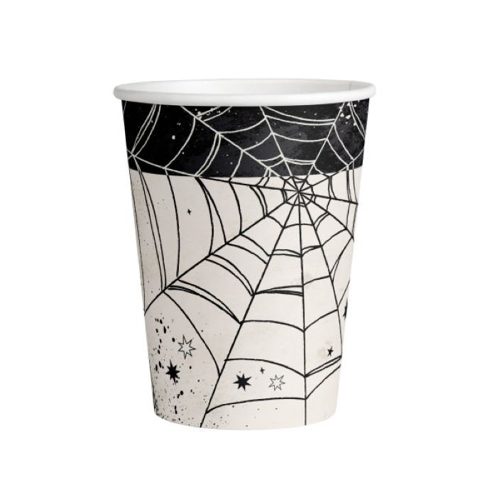 Hvide Halloween Papkopper med Edderkoppespind - 8 stk.