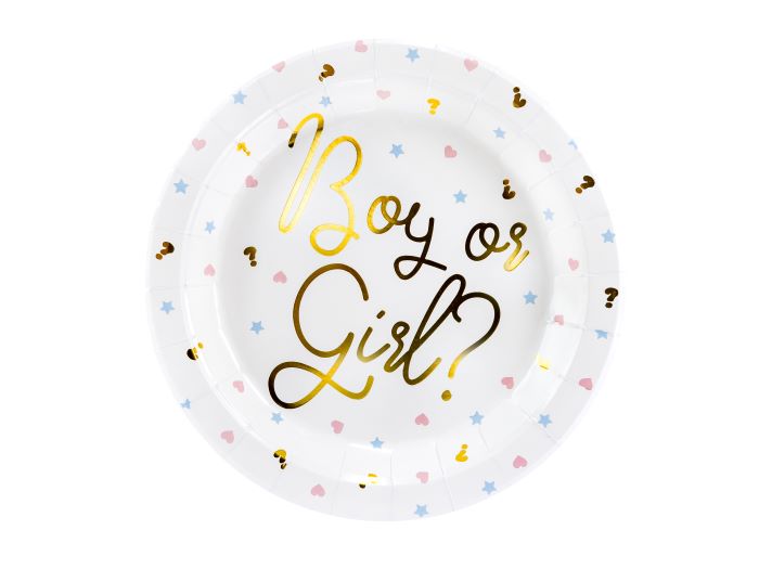 Hvide Pap Tallerkner til Gender Reveal med Guld Motiver