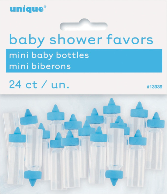 Mini Sutteflasker til Babyshower - 24 stk. Blå Festartikler