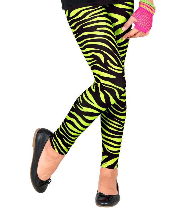 Neon Grønne Børneleggings med Zebra Mønster - Tema Fest!