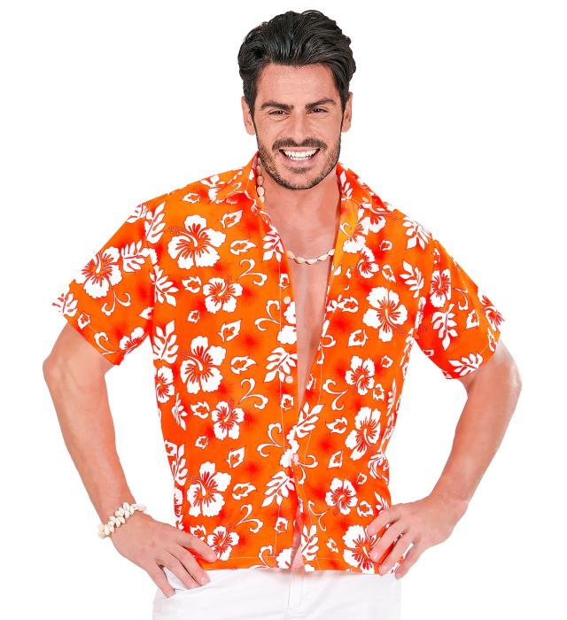 Orange Hawaii Skjorte med Hvide Blomster - Festtilbud!