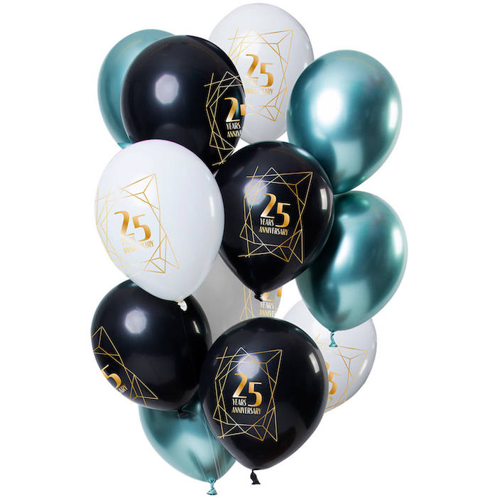 25 Års Jubilæum Balloner i Sort, Blå og Hvid 12x30 cm