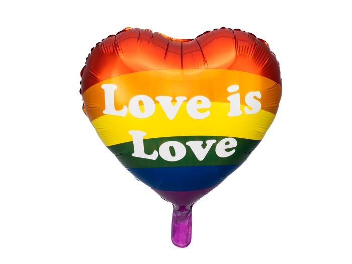 Regnbuefarvet Pride Hjerte Folieballon med Hvid Skrift 35 cm