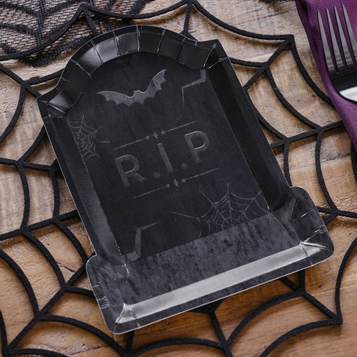Sort Halloween Gravsten Pap Tallerken - 8 stk.