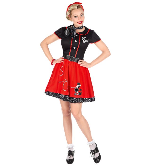 Sort og Rød 50'er Kjole Kostume med Puddelmotiv - 4 Dele