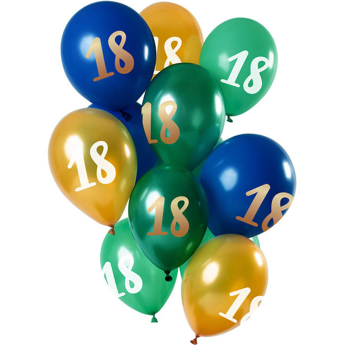18 års Fødselsdagsballoner i Grøn, Blå og Guld 12 stk.