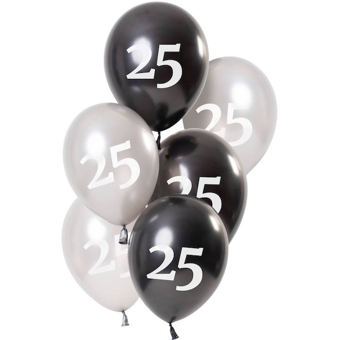 25 Års Metallic Balloner Sort og Sølv - Fødselsdag