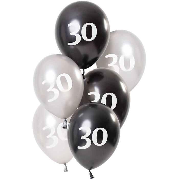 30 Års Metallic Balloner i Sort og Sølv - 23 cm