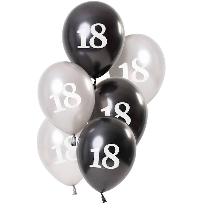 18 års Metallic Balloner i Sort og Sølv - 6 stk.