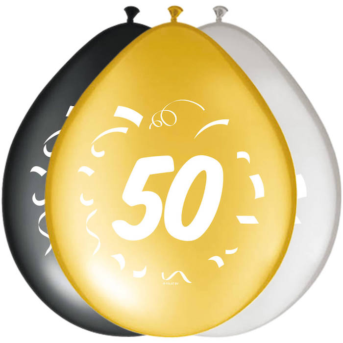 50 års Fødselsdagsballoner i Sort, Guld og Sølv