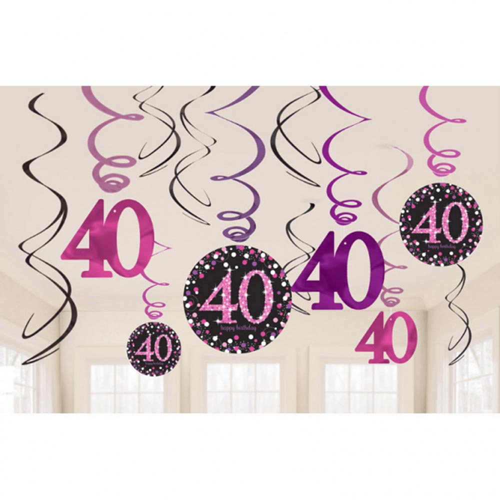 40-års Fødselsdag Hænge Dekorationer – 12 Pink Spiraler