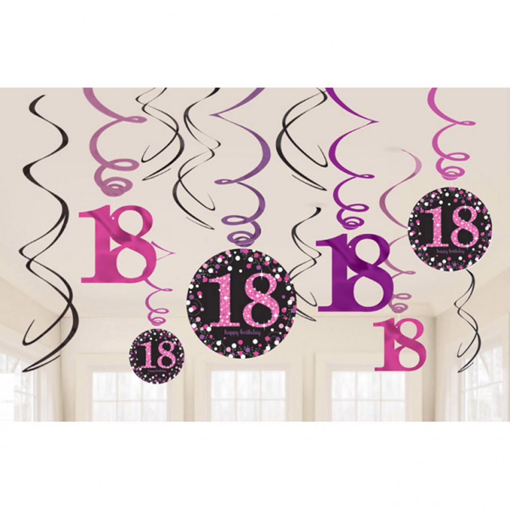 18-års Fødselsdag Hænge Dekorationer – 12 Pink Spiraler