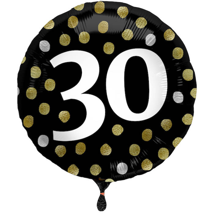 30 Års Fødselsdagsfolieballon Sort med Prikker - 45 cm