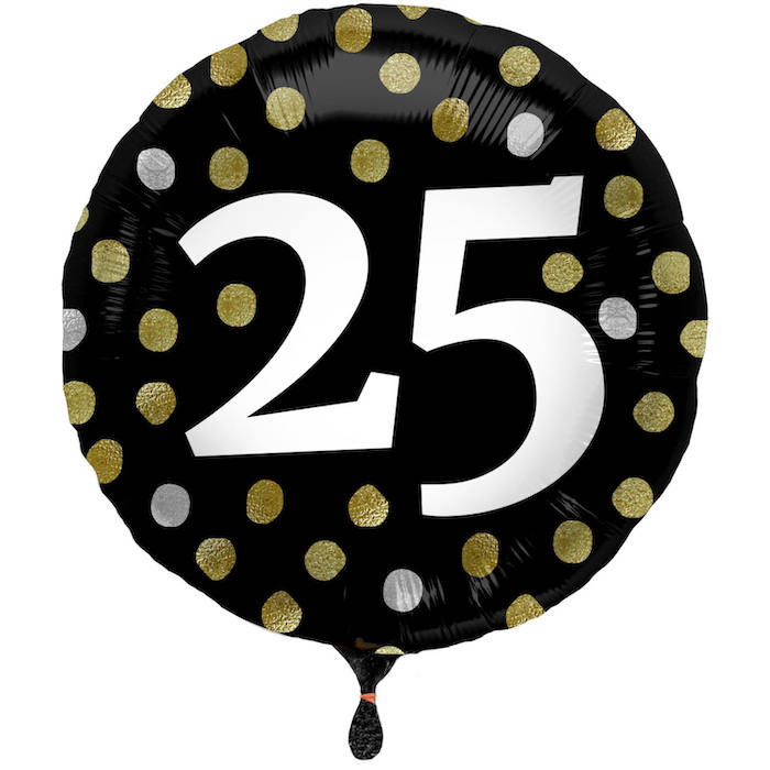 25 Års Sort Folieballon med Prikker - 45 cm