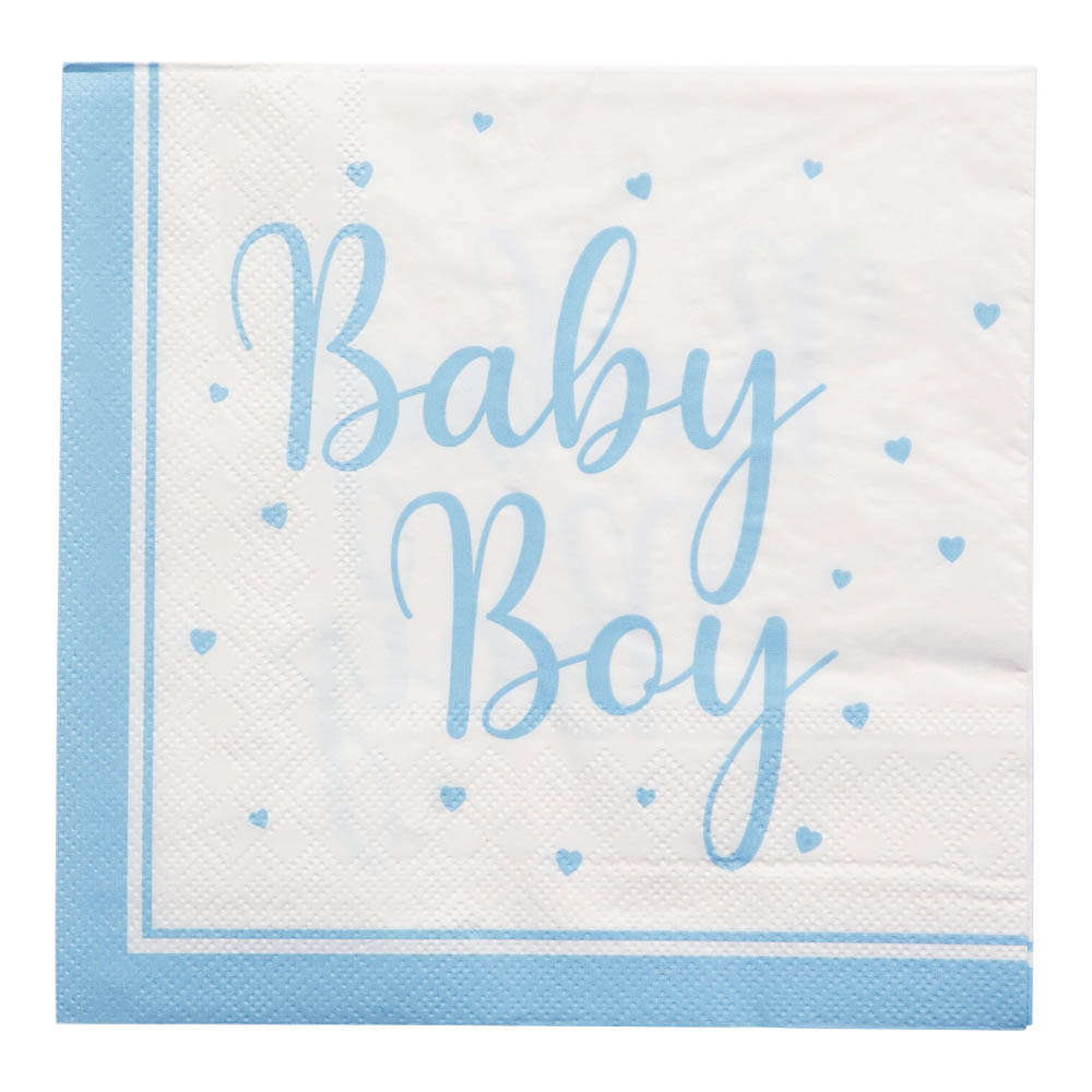 Lyseblå & Hvide Servietter til Baby Shower – 16 stk.