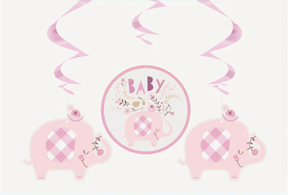Lyserøde Elefant Hænge Dekorationer til Baby Shower – 3 stk.