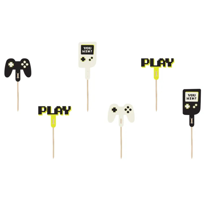 Gamer Cupcake Dekorationspinde - Sjove Motiver 6 stk.