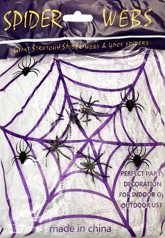 Skræmmende Halloween Edderkoppespind med 4 Edderkopper - 60g