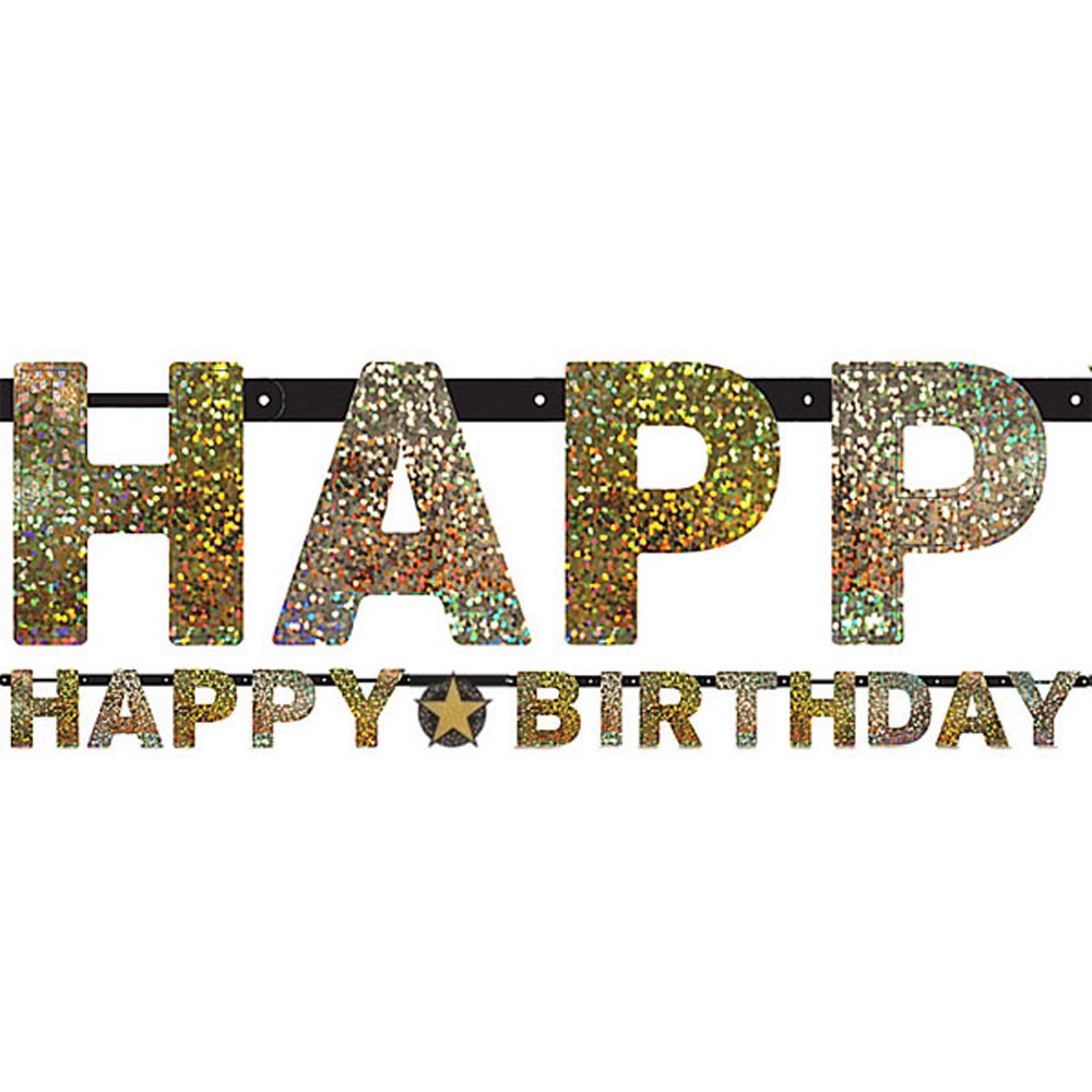 Guld Happy Birthday Banner - 2,13 m med glimmereffekt