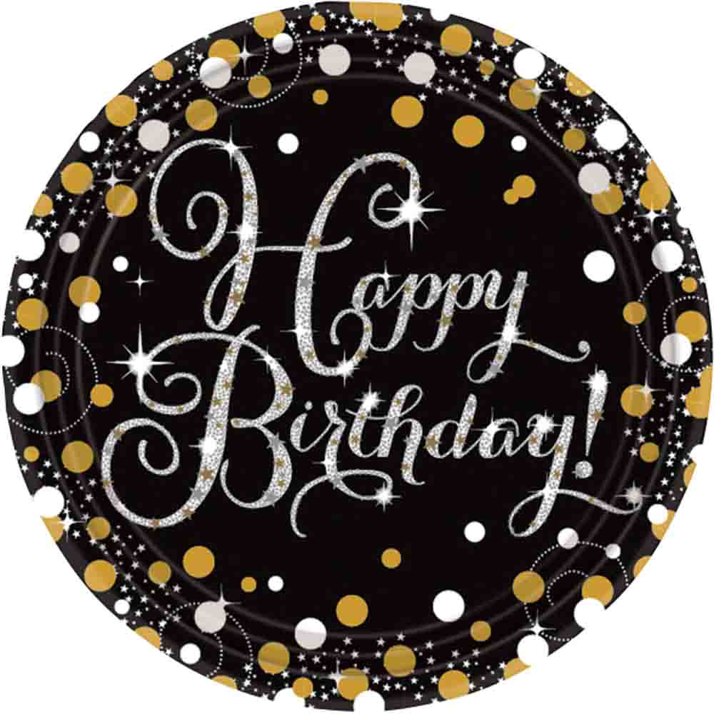Sølv Happy Birthday Paptallerkner – 8 stk. til festlige fester