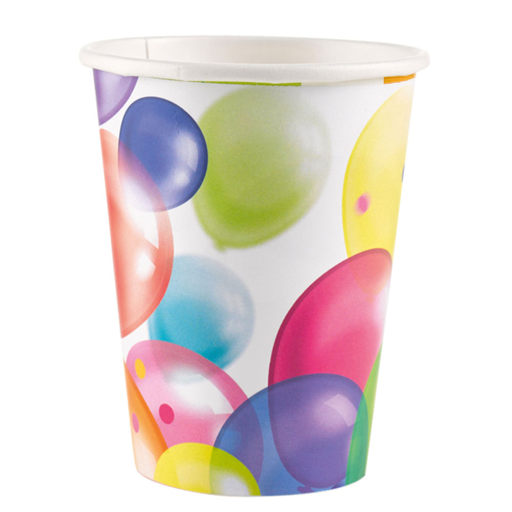 Farverige papkrus med balloner – 8 stk. til fest!