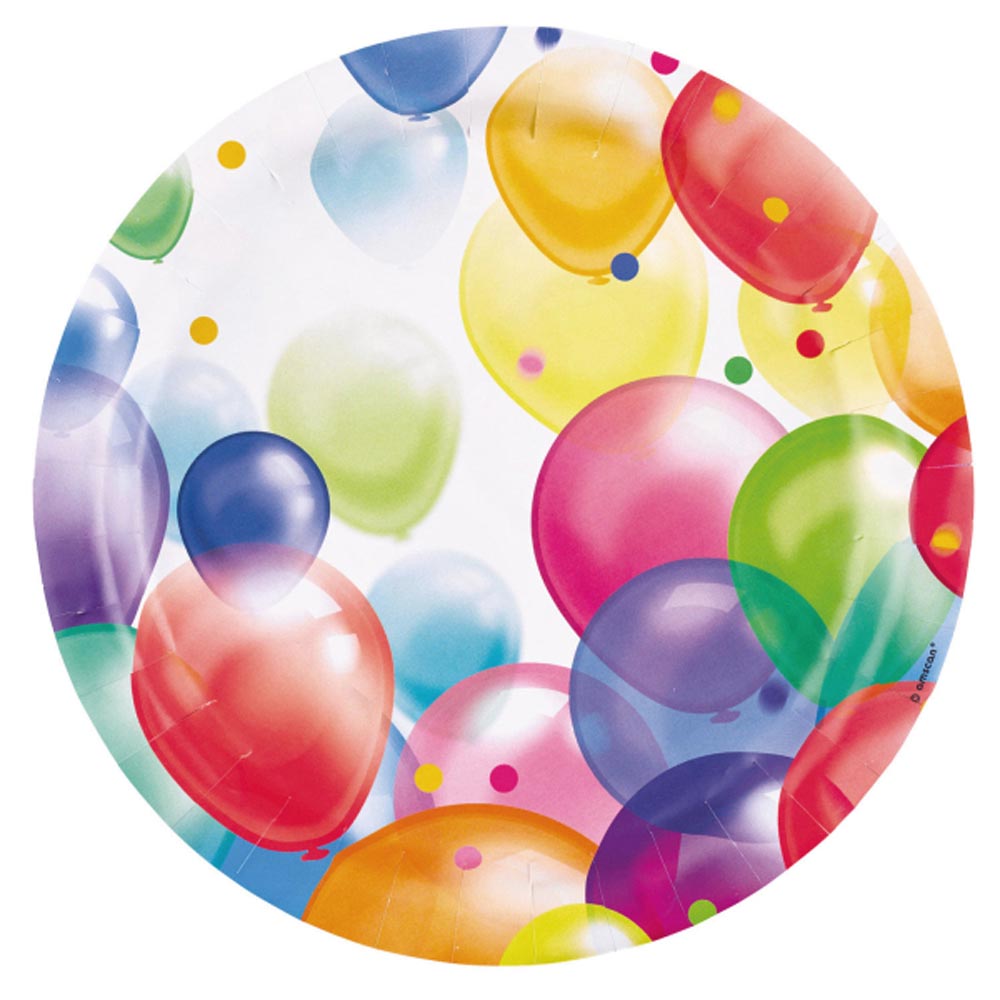 Farverige paptallerkner med ballontema – 8 stk. til fest!