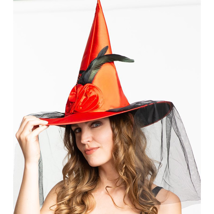 Rød Hekse Hat med Slør og Blomster til Halloween Fest