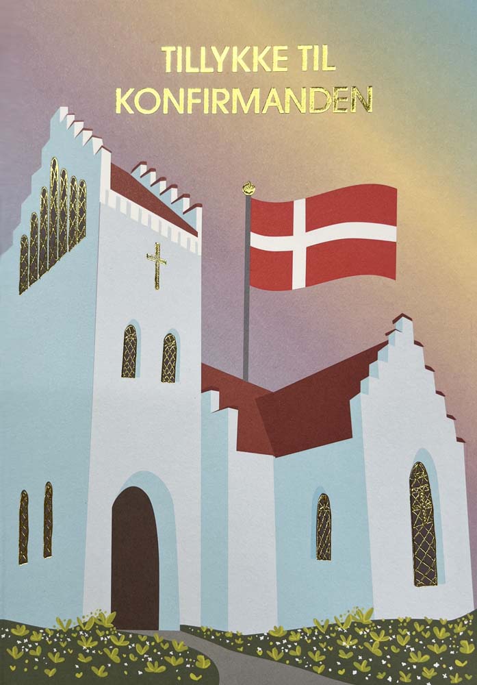 Elegant konfirmationstelegram med kirke og Dannebrog