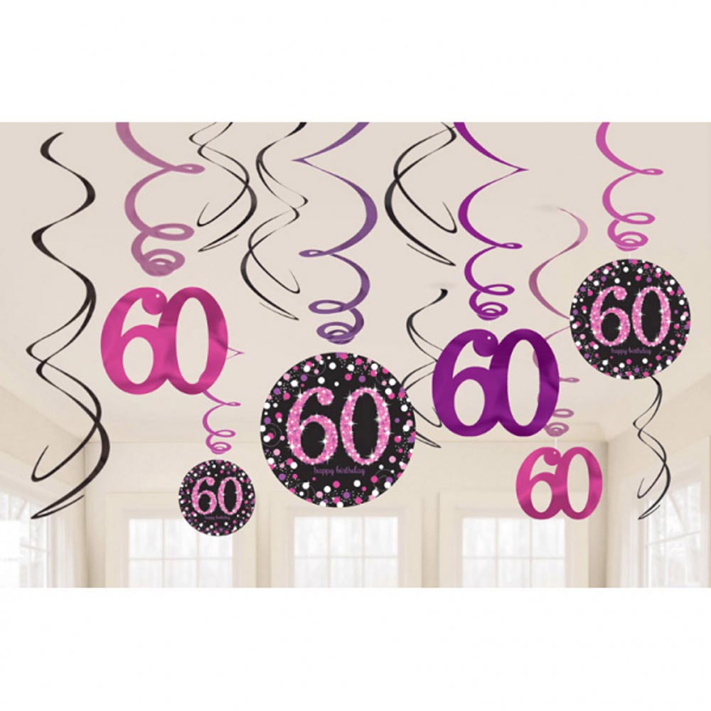 60-års Fødselsdag Dekorationer - 12 Pink Spiraler