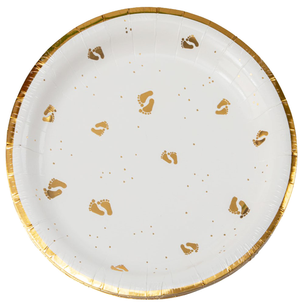 Guld Babyfødder Paptallerkner - 8 Stk til Baby Shower Fest