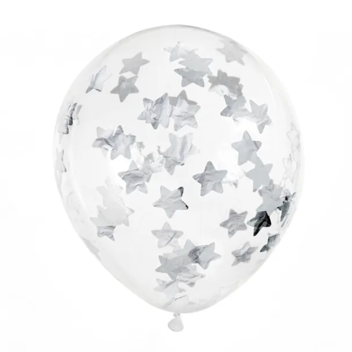 Sølv Konfetti Balloner Med Stjerner - 30 cm Festpynt