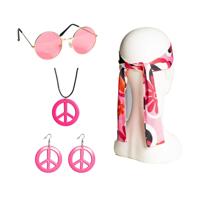 Hippie Peace Pink Sæt med Pandebånd, Briller og Smykker