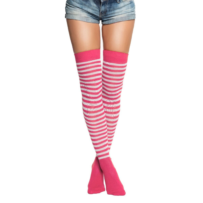 Over-knee Strømper i Neon Pink og Hvid - Glamour til Fest!